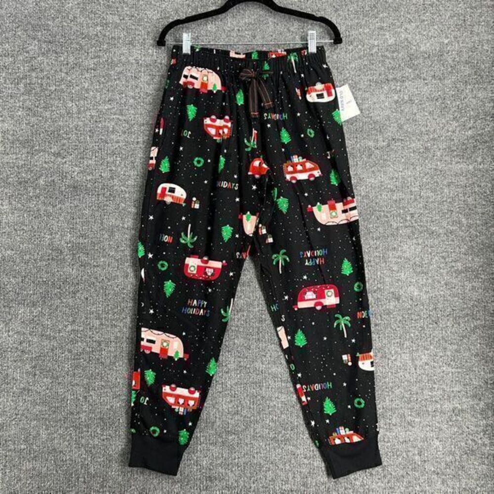 Old Navy Womens Flannel Jogger Pajama Pants Size XS Black Christmas Camper New